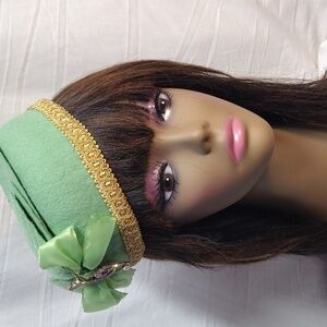 Vintage Green Hat with Gold Trim and Bow
